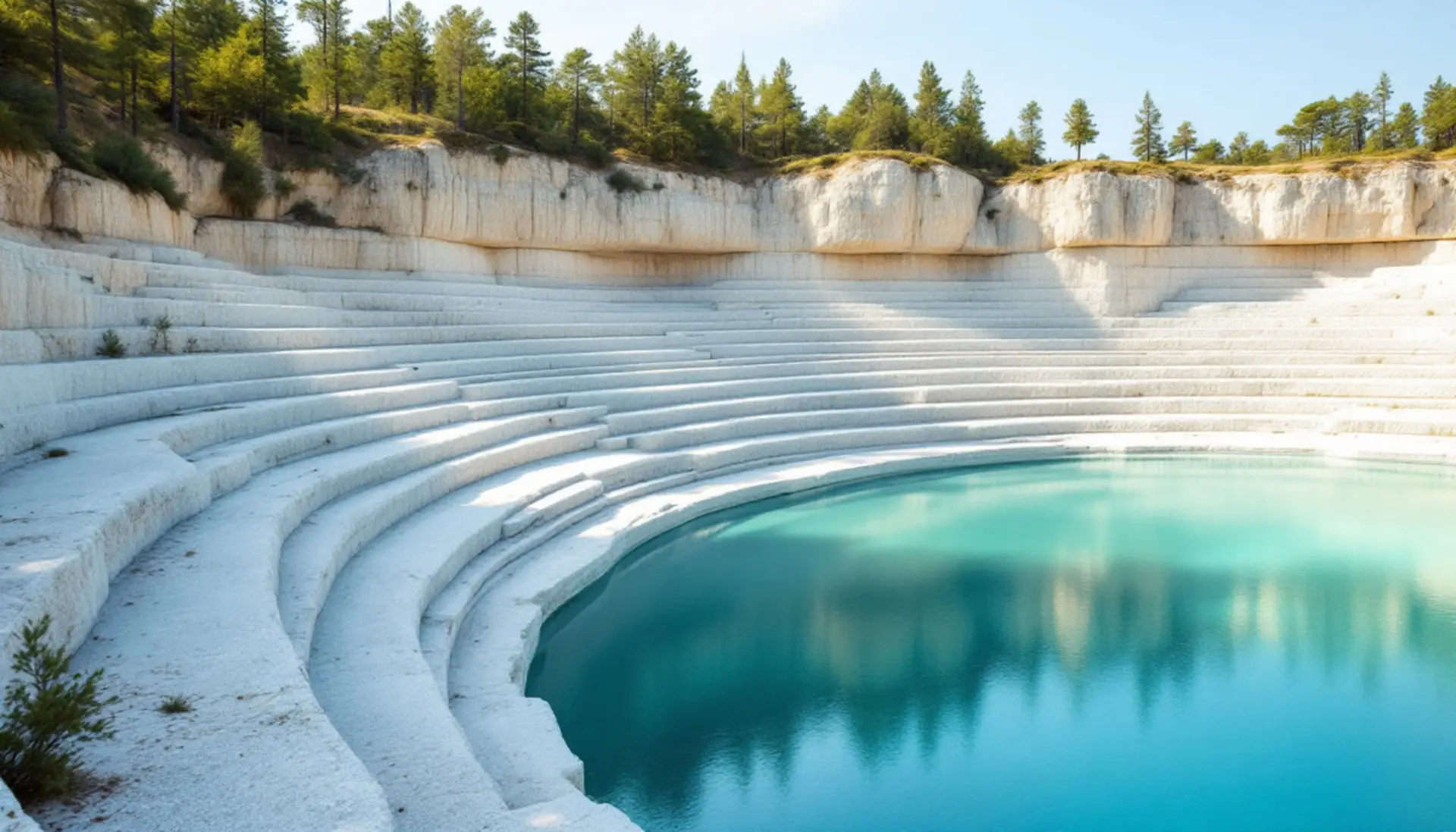 Pale stepped limestone benches above still turquoise water